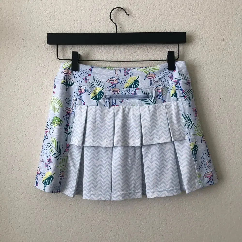 Turtles & Tees Krissy Skort Flamingo Club Blue Waves tropical print gold pleated
